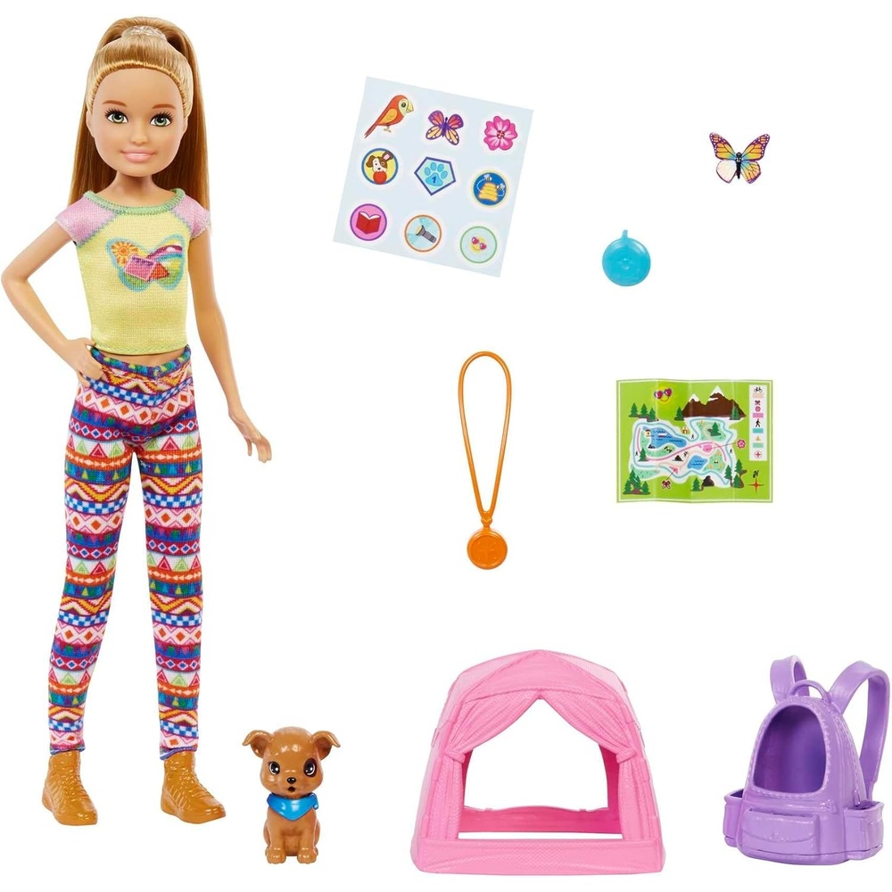 imageBarbie It Takes Two Stacie Doll amp Accessories Camping Playset with Doll Pet Tent Puppy Sticker Sheet amp AccessoriesMulti Color