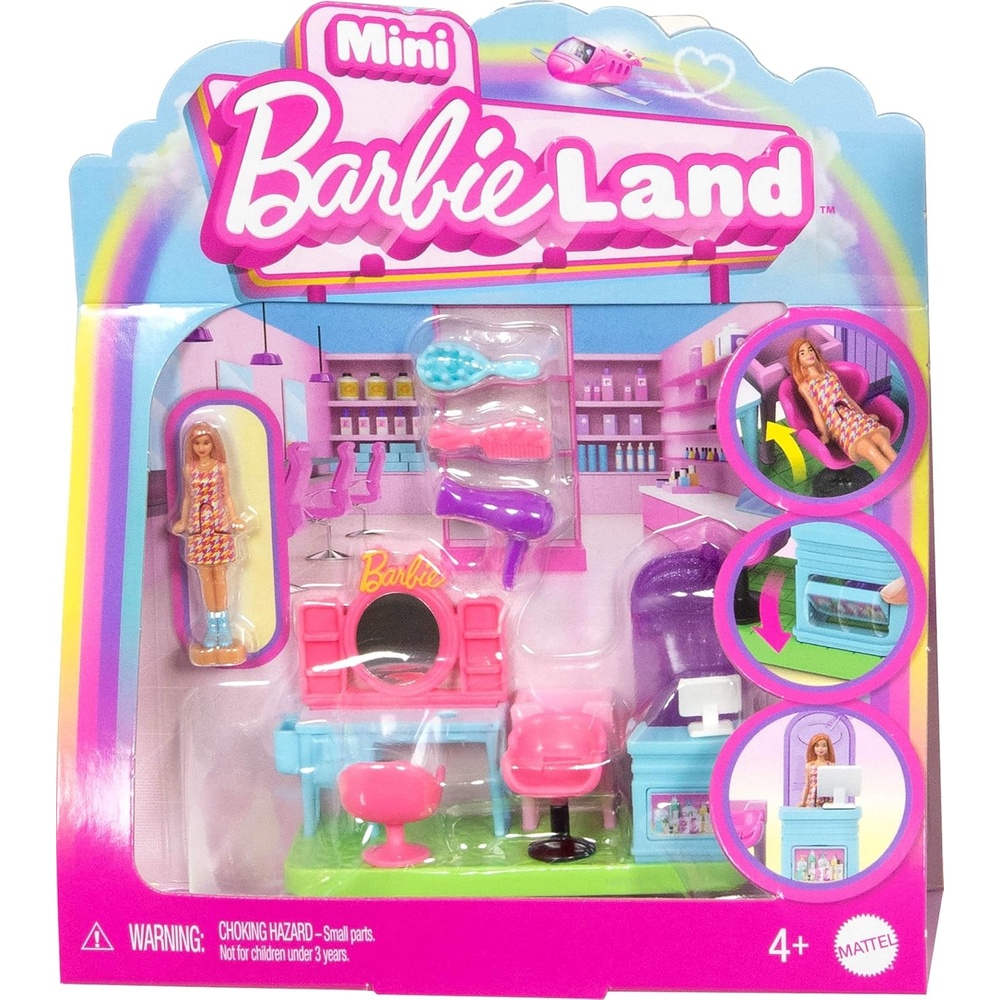 imageBarbie Mini BarbieLand Collectible Hair Salon Playset with 15Inch Doll Style Station with Mirror Shampoo Area and Reception Desk for Storytelling Play