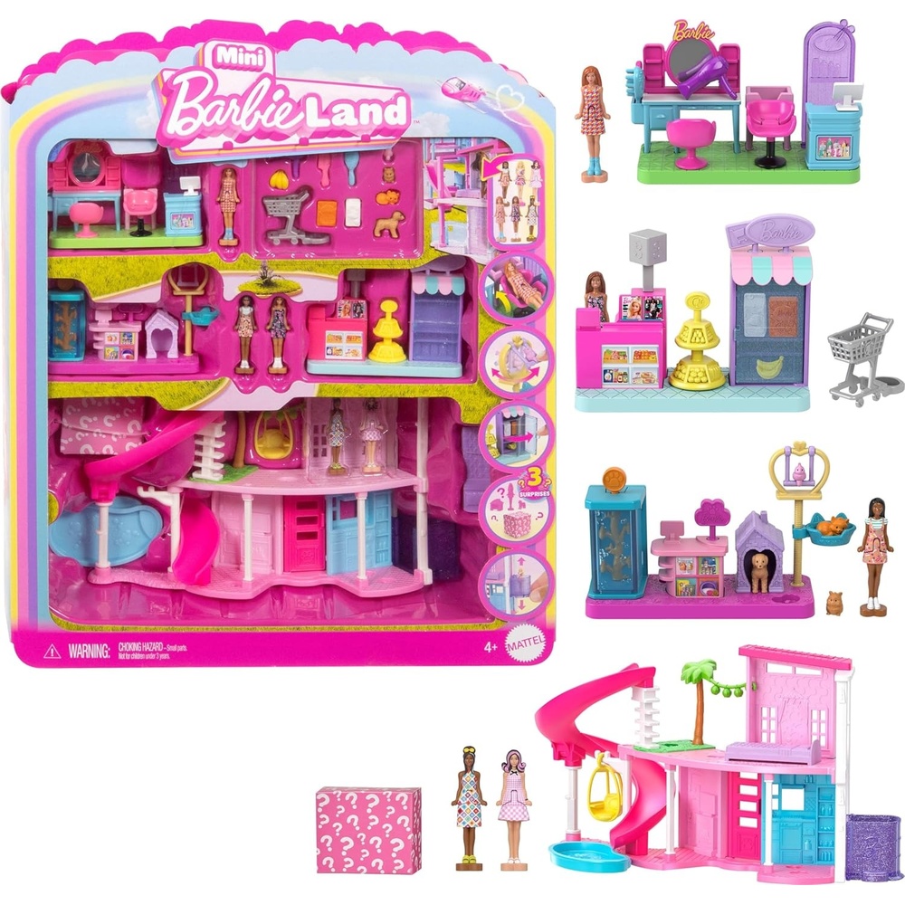 imageBarbie Mini Land DreamHouse amp 3 Playsets with 4 15Inch Dolls Doll House Furniture amp Accessories Includes Pet Boutique Hair Salon amp Supermarket
