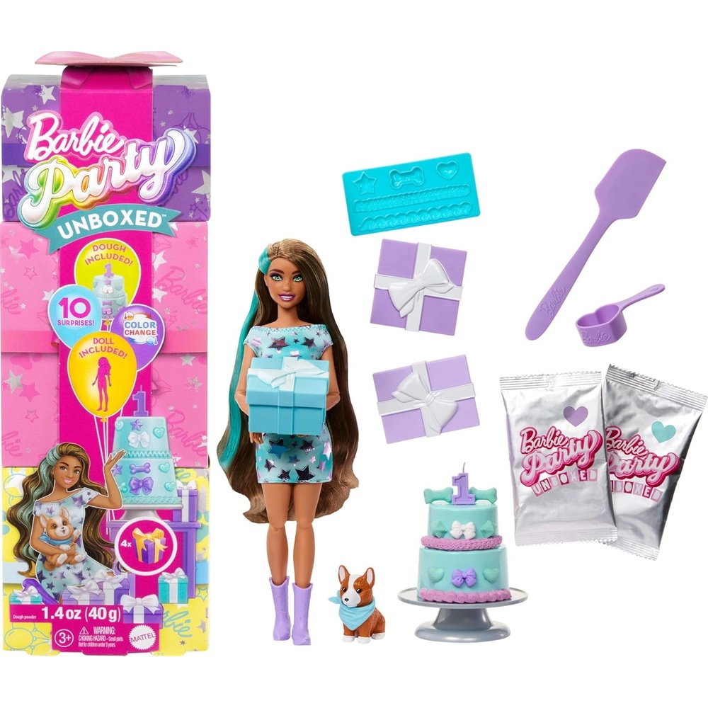 imageBarbie Party Unboxed Doll amp Accessories Pet Birthday Series Party Stars Set with 10 Surprises Including Color Change amp CakeDecorating ActivityMulticolor