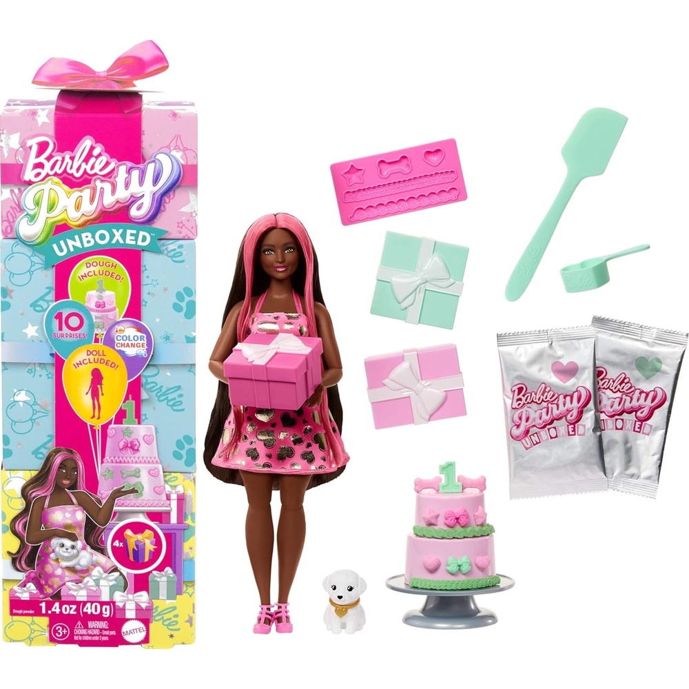 imageBarbie Party Unboxed Doll amp Accessories Pet Birthday Series Shimmerin Hearts Set with 10 Surprises Including Color Change amp CakeDecorating Activity