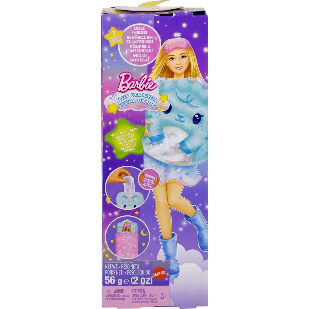 imageBarbie Party Unboxed Doll amp Accessories Sleepover Reveal Series with 7 Surprises Including GlowinTheDark Activity Blue Pajama DollBlue