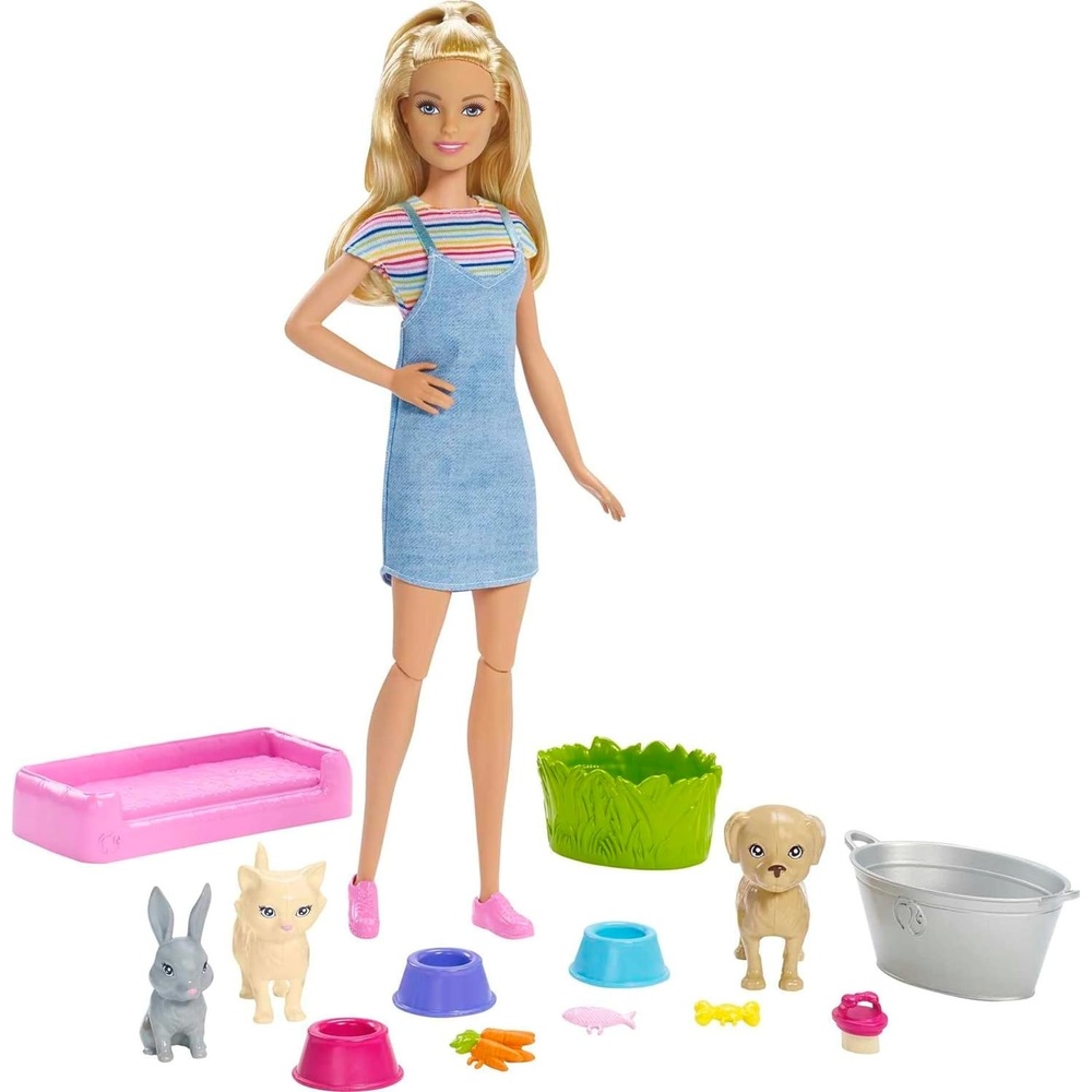 imageBarbie Play n Wash Pets Playset with 3 ColorChange Animals amp 10 Toy Accessories Blonde Fashion Doll with Blue EyesBlonde