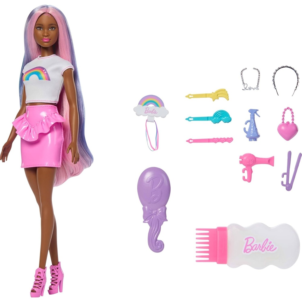 imageBarbie Rainbow Sparkle Hair Doll ExtraLong and Colorful Hair with 12 Styling Accessories Like Glitter Tube Brush Clips Dryer and MoreBarbie 2