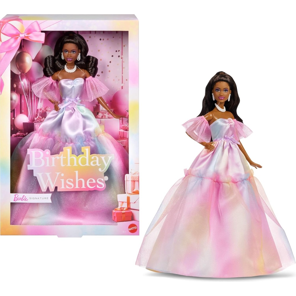 imageBarbie Signature Birthday Wishes Fashion Doll with Black Hair in Dress with Pastel Rainbow Effect Collectible Toy with Giftable Packaging