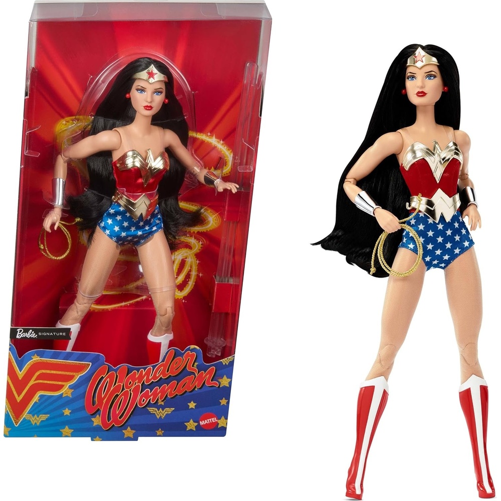 imageBarbie Signature Doll Wonder Woman Collectible with Doll Stand in Red and Blue Tank Suit with Golden Accessories Like Lasso Headpiece and Belt
