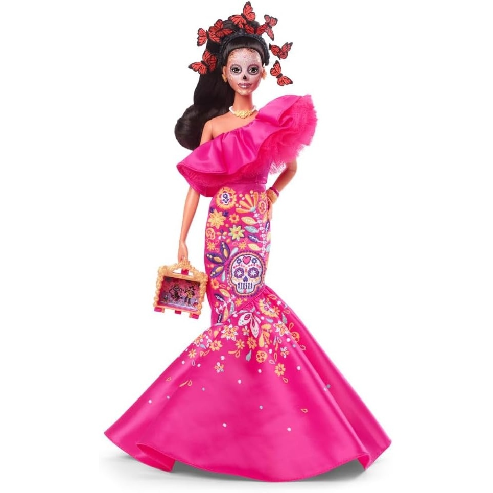 imageBarbie Signature Fashion Doll 2023 Dia de Muertos Collectible Wearing Ruffled Pink Gown amp Holding Tiny Ofrenda Includes Doll Stand