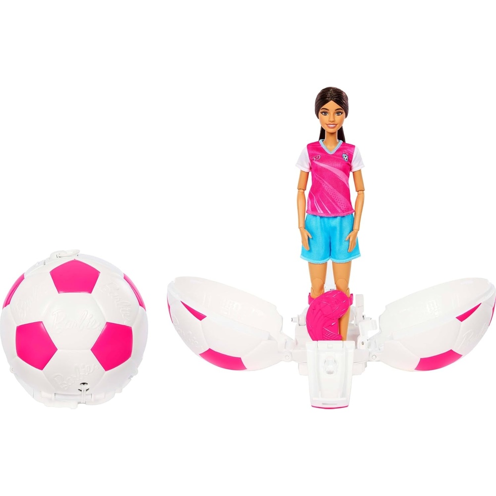 imageBarbie Team Roll and Reveal Soccer Player Doll and Accessories with Brunette Fashion Doll amp 8 Surprises and a Soccer Ball EncasementSoccer