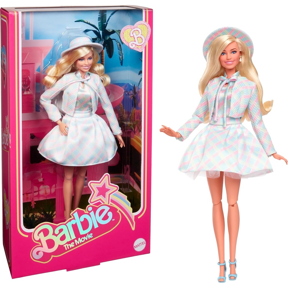 imageBarbie The Movie Doll Margot Robbie as Collectible Doll Wearing Blue Plaid Matching Set with Matching Hat amp JacketBlue