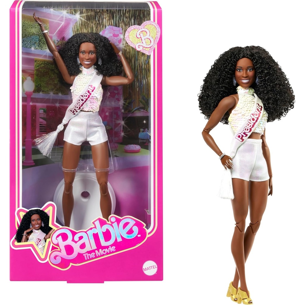 imageBarbie The Movie President Collectible Doll ISSA Rae as President Wearing Shimmery White Blouse amp Short Set with Dark Curly Hair amp President Sash