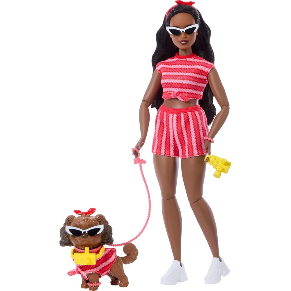 imageBarbie Twinning Looks Doll with Pet Dog in Matching Red Striped Clothes and Accessories for Both Like Sunglasses and Headbands Wavy Black Hair