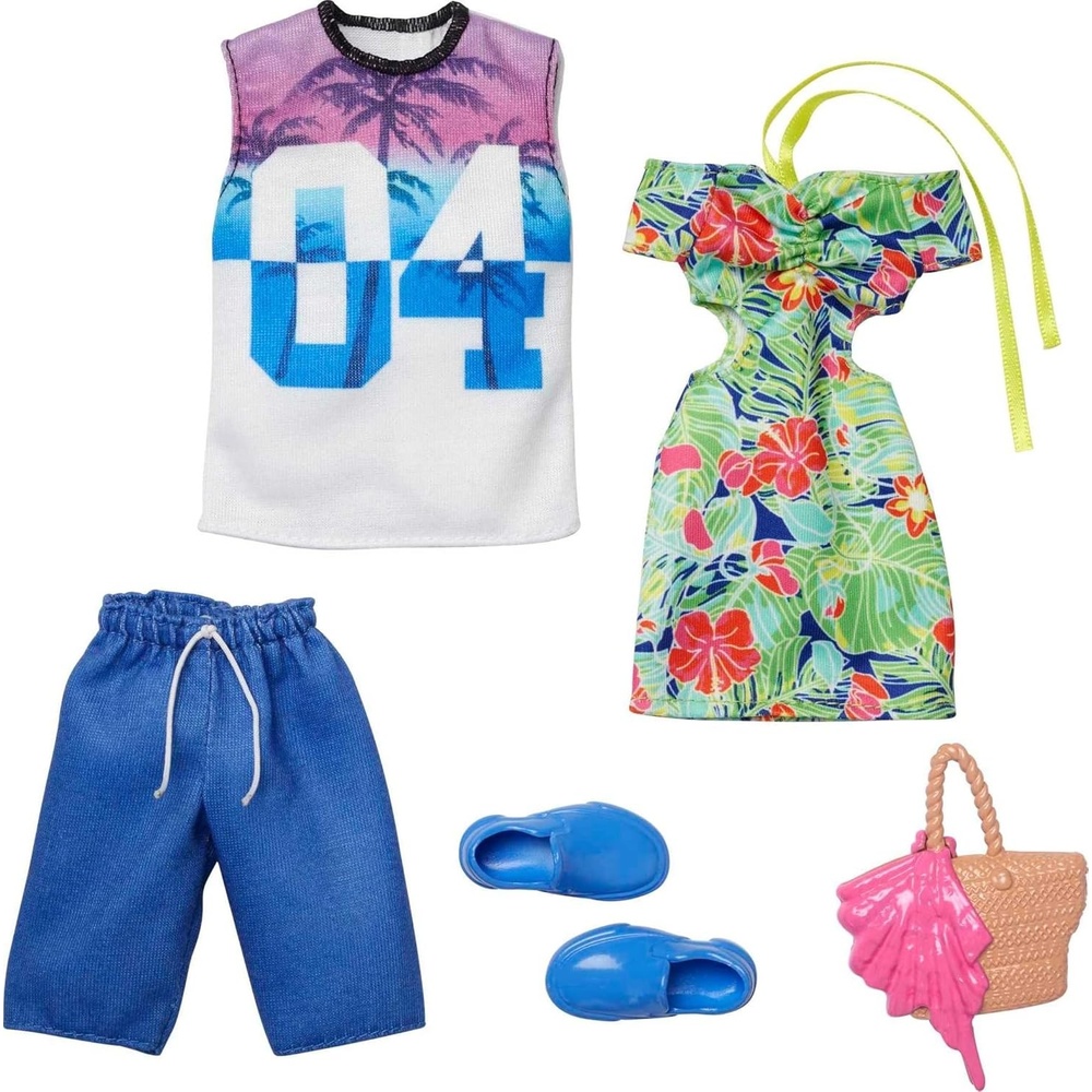 imageBarbie amp Ken Fashions 2Pack Clothing amp Accessories Set 1 Tropical Dress amp Tote for Barbie Doll amp 1 Tropical Shirt amp Shorts Outfit with Shoes for Ken Doll