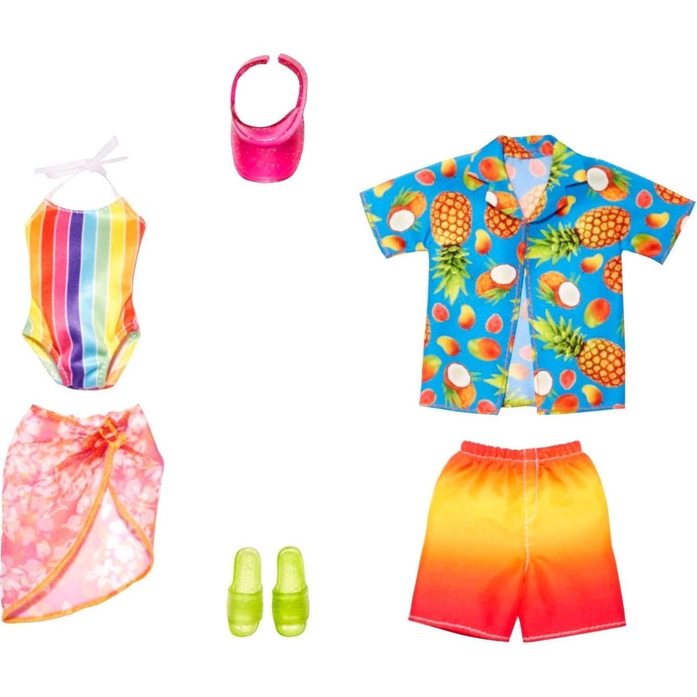 imageBarbie amp Ken Fashions 2Pack Clothing amp Accessories Set Pink Dream Top amp Skirt with Bracelet for Barbie Doll amp Striped Romper amp Sunglasses for Ken DollMulticolor