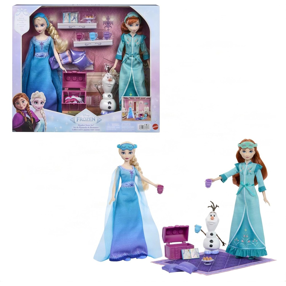 imageMattel Disney Frozen Toys Anna amp Elsa Fashion Dolls in Royal Fitting Nightgowns amp Slippers with Olaf Figure amp 12 Accessories Slumber Sister Set