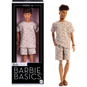 Barbie Basics Model Collector Fashion Doll 08 with Brunette Hair in Tan Dress & Strappy Heels, Universal-fit Fashions & Posable Body(Matching Shirt + Shorts)