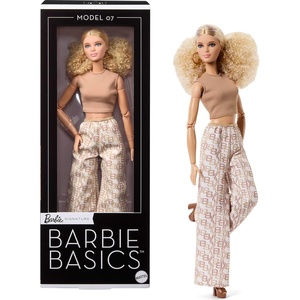 Barbie Basics Model Collector Fashion Doll 08 with Brunette Hair in Tan Dress & Strappy Heels, Universal-fit Fashions & Posable Body(Printed Pants)
