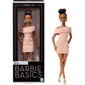 Barbie Basics Model Collector Fashion Doll 08 with Brunette Hair in Tan Dress & Strappy Heels, Universal-fit Fashions & Posable Body(Tan Dress)