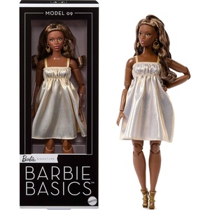 Barbie Basics Model Collector Fashion Doll 09 with Brunette Hair in Golden Dress & Strappy Heels, Universal-fit Fashions & Posable Body