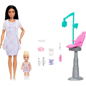Barbie Careers Dentist Playset with Brunette Doll Wearing White Coat, Toddler Small Doll, Examination Chair & Accessories