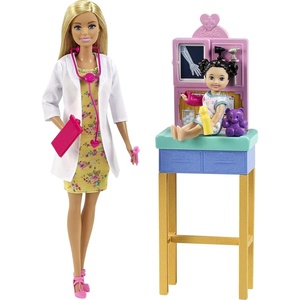 Barbie Careers Playset, Pediatrician Set with Blonde Doctor Doll, Brunette Patient Small Doll, Exam Table & Accessories(Blonde)
