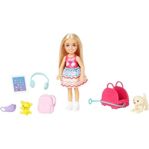 Barbie Chelsea Small Doll & 6 Accessories, Travel Set with Puppy, Pet Carrier & Backpack that Opens & Closes, Blonde Hair(standard size)