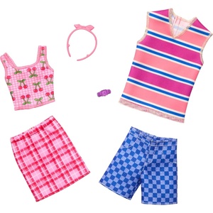 Barbie Clothes Set, Fashion & Accessory Pack for Barbie & Ken Dolls with 2 Complete Looks, Cherry-Inspired Theme