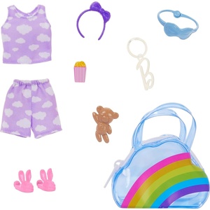 Barbie Clothes & Accessories, Deluxe Sunglasses-Shaped Bag with Keychain, Multicolor Gingham Dress & Summery Accessories for Fashion Dolls(Slumber Party)