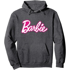 Barbie Current Pink and White Script Logo Pullover Hoodie(Dark Heather Grey)