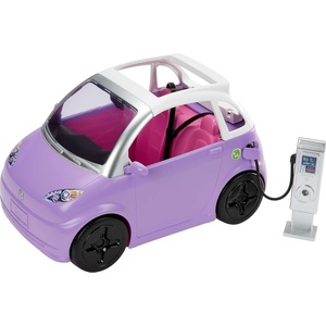Barbie Doll Accessories, Toy Car Electric Vehicle with Charging Station, Plug & Sunroof, Purple 2-Seater Transforms into Convertible