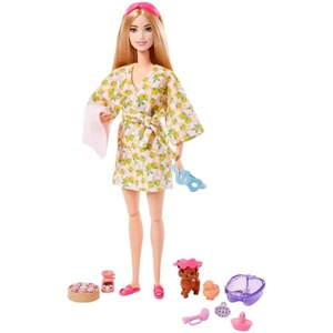 Barbie Doll, Kids Toys, Blonde Doll with Pet Puppy, Barbie Sets, Spa Day, Lemon Print Bathrobe, Headband and Eye Mask, Self-Care Series