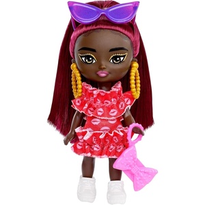 Barbie Extra Mini Minis Doll with Burgundy Hair, Red Ruffle Dress, Sunglasses & Accessories & Stand, 3.25-inch(3.25 inch)