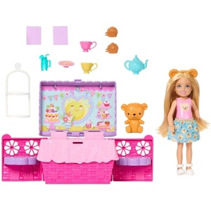 Barbie Family & Friends Club Chelsea Pop-Up Tea Party Playset with Blonde Small Doll, Transforming Picnic Basket & 10+ Accessories