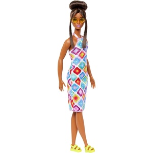 Barbie Fashionistas Doll #210 with Brunette Hair in Bun Wearing Removable Colorful Crochet Halter Dress, Sunglasses & Sandals