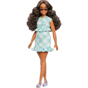 Barbie Fashionistas Doll #240 with Wavy Dark Brown Hair Wearing Minty Green Ruffled Gingham Dress, Sunglasses and Lavender Heels Accessories