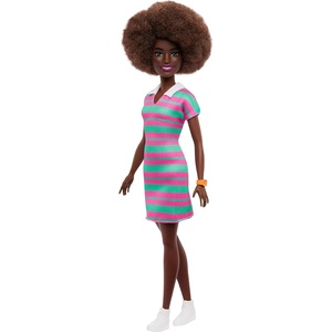 Barbie Fashionistas Doll #247 with Curly Black Hair, Pink and Green Striped Collared Dress with Accessories Like Orange Watch and White Sneakers