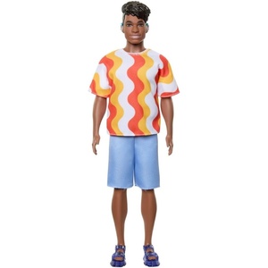 Barbie Fashionistas Ken Doll #220 with Behind-the-Ear Hearing Aids & Broad Body Wearing a Removable Orange Patterned Shirt, Shorts & Jelly Sandals