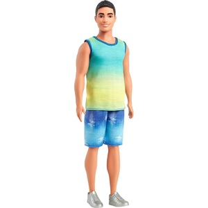 Barbie Fashionistas Ken Doll #236 with Black Hair, Wearing Blue and Green Ombre Tank with Jean Shorts and Silver Sneakers