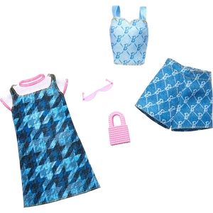 Barbie Fashions Clothing Set, 2 Denim Outfits for Fashion Doll Include Dress, Top & Shorts & 2 Accessories
