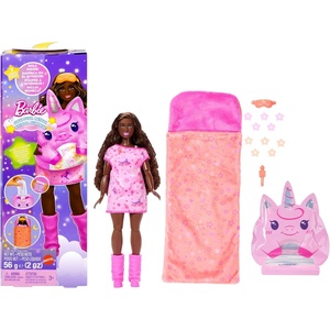 Barbie Party Unboxed Doll & Accessories, Sleepover Reveal Series with 7 Surprises Including Glow-in-The-Dark Activity Blue Pajama Doll(Pink)