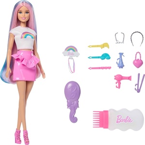 Barbie Rainbow Sparkle Hair Doll, Extra-Long and Colorful Hair with 12 Styling Accessories Like Glitter Tube, Brush, Clips, Dryer and More(Barbie 1)