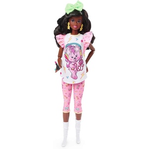Barbie Rewind Doll & Accessories with Curly Black Hair & 1980s-inspired Slumber Party Outfit, Collectible & Displayable(Black purple)