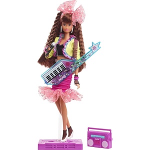 Barbie Rewind Doll & Accessories with Curly Black Hair & 1980s-inspired Slumber Party Outfit, Collectible & Displayable(Pink white)
