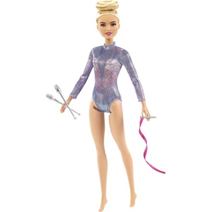 Barbie Rhythmic Gymnast Blonde Doll (12-in/30.40-cm) with Colorful Metallic Leotard, 2 Clubs & Ribbon Accessory, Great Gift for Ages 3 Years Old & Up
