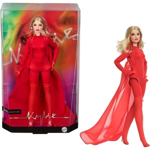 Barbie Signature Doll, Kylie Minogue Posable Collectible in “Padam Padam” Music Video Outfit with Red Bodysuit, Chiffon Cape and Lace-Up Boots