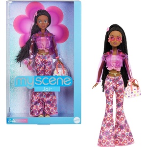 Barbie Signature My Scene Jai Doll and Accessories, Black Braids, Y2K-Inspired Outfit with Pink Top, Vinyl Jacket, Floral Flare Pants and Doll Stand