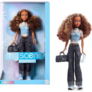 Barbie Signature My Scene Madison Doll & Accessories, Y2K-Inspired Outfit with Butterfly Top, Cargo Jeans, Denim Bag & Display Stand
