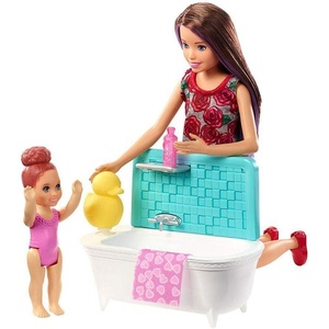 Barbie Skipper Babysitters Inc. Bedtime Playset with Babysitting Skipper Doll, Toddler Doll with Glow-in-the-Dark Pajamas, Bed, Sleeping Kitty, Teddy Bear, Blanket and Storybook for Kids 3-7 Years Old(Bath Playset)