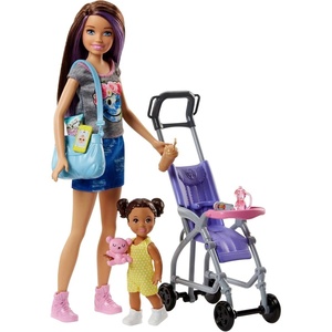Barbie Skipper Babysitters Inc. Bedtime Playset with Babysitting Skipper Doll, Toddler Doll with Glow-in-the-Dark Pajamas, Bed, Sleeping Kitty, Teddy Bear, Blanket and Storybook for Kids 3-7 Years Old(Pram Playset)