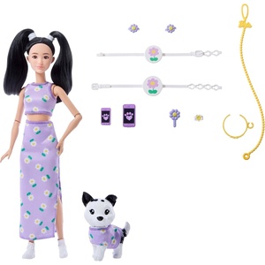 Barbie Twinning Looks Doll with Pet Dog in Matching Purple Daisy Clothes and Accessories for Both Like Flowers and Belt Bags, Black Hair
