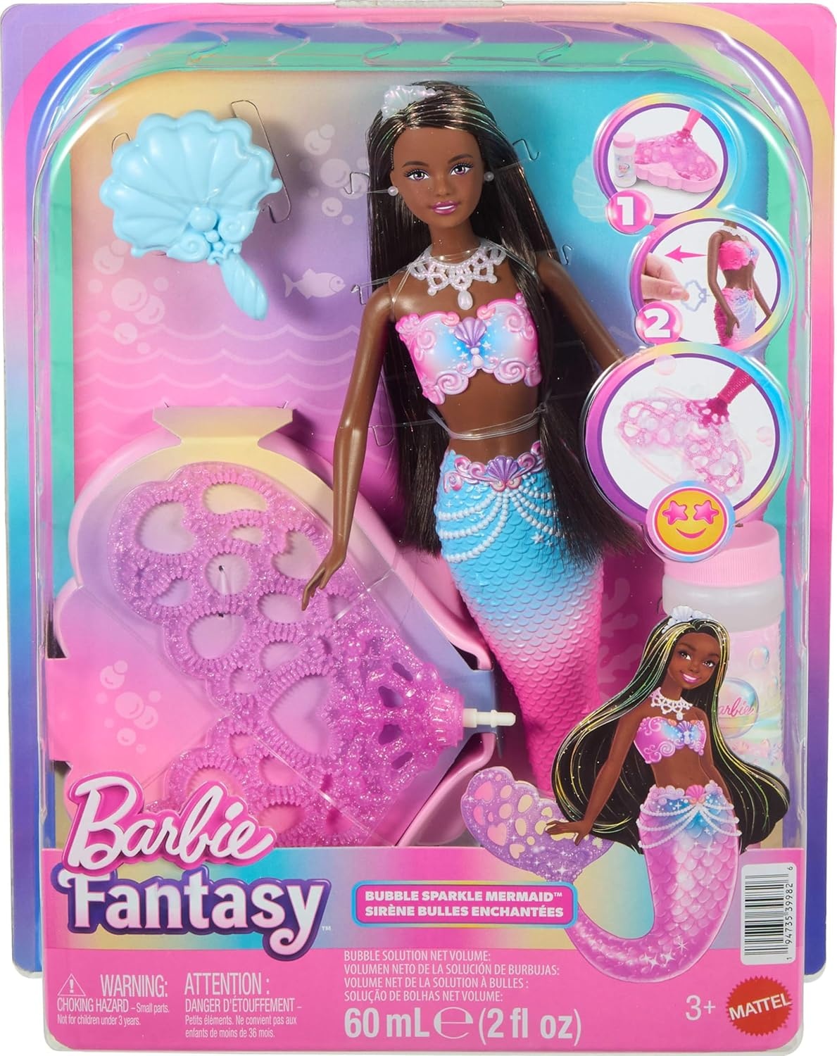 imageBarbie Bubble Sparkle Mermaid Doll with BubbleMaking Feature amp Solution Tray amp Hairbrush Plus Long ColorStreaked Brunette Hair